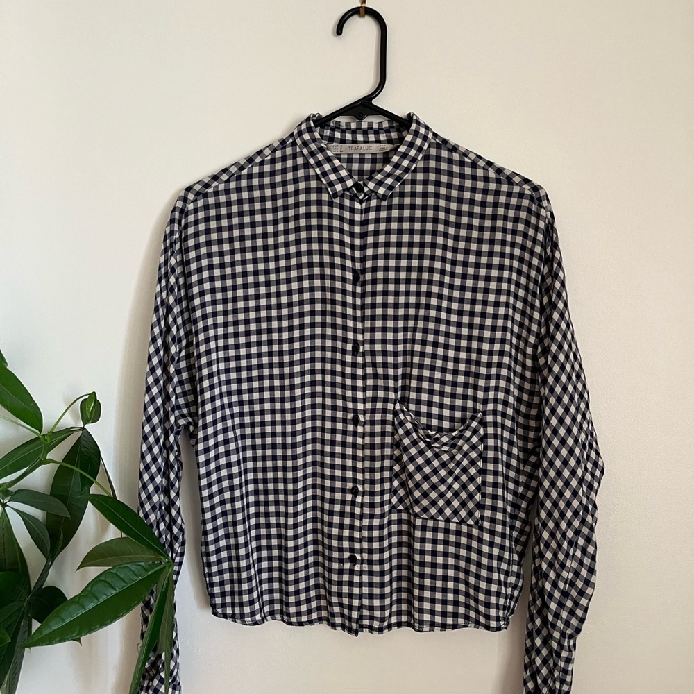 Zara Navy & White Checkered Boxy Fit Button Down